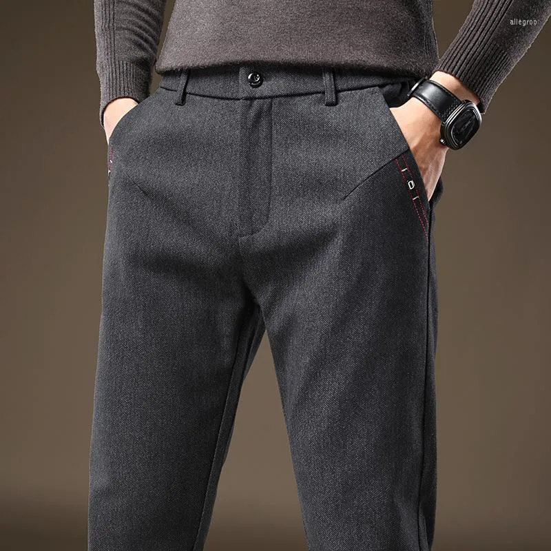 Men's Pants Autumn Winter High Quality Stretch Brushed Fabric Men Thick Elastic Waist Cotton Slim Business Black Blue Casual Trousers
