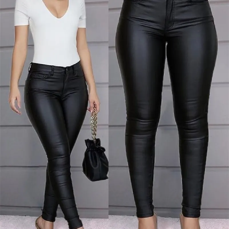 Kvinnors byxor capris pu läder svart sexig stretch bodycon byxor hög midja lång casual penna plus storlek s 3xl 221110