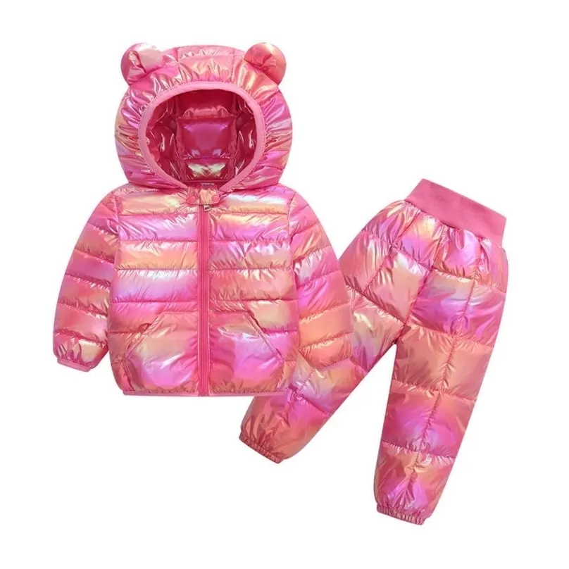 Set di abbigliamento per bambini bambini bambini caldi con cappuccio giù pantaloni pantaloni luminosi per ragazze invernali per ragazzi giacche da neve 221110