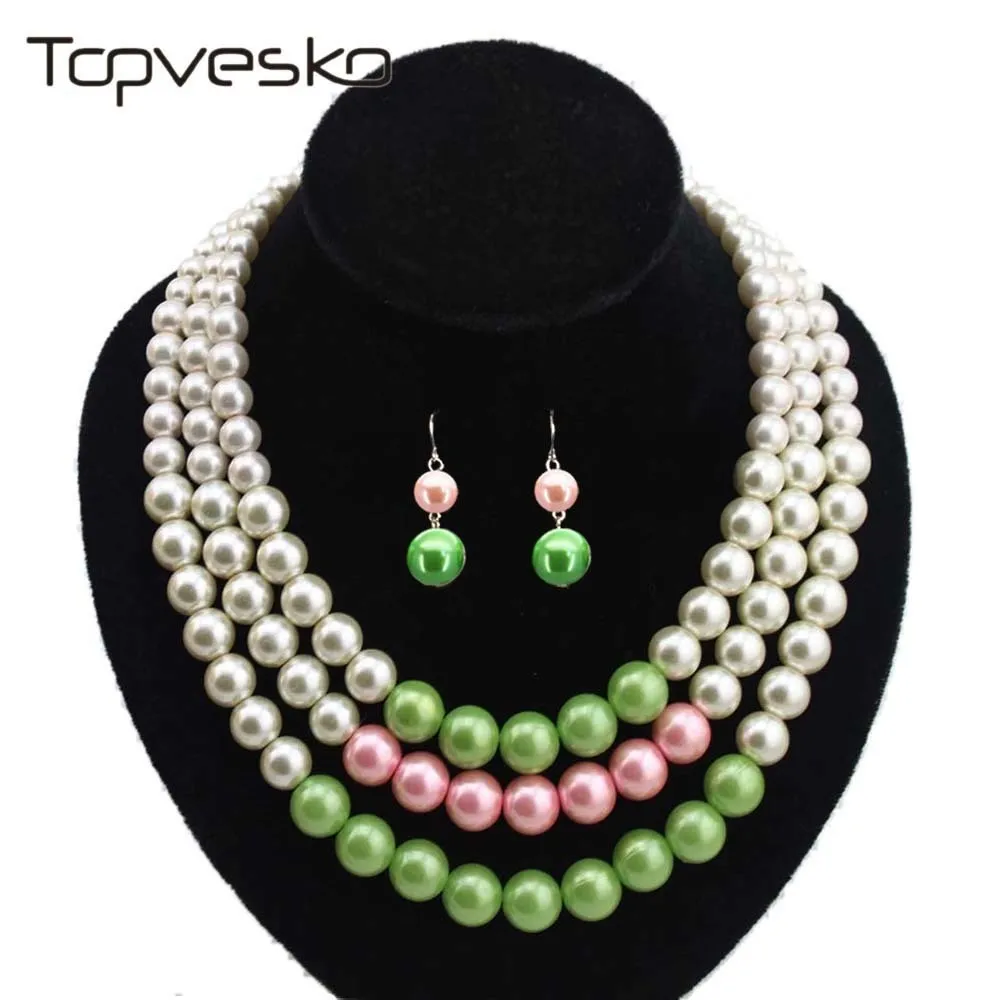 Pink Green Pearl Necklace Earring Set