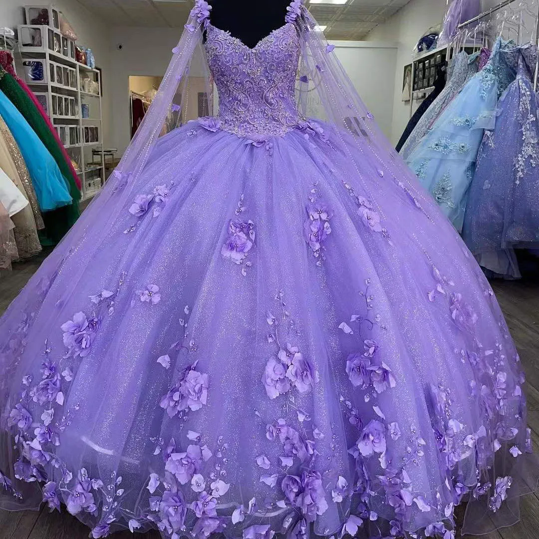 Glitter Light Purple Quinceanera Vestres Spaghetti tiras com Wrap Sweet 15 vestidos 3D Apliques de flores Festas de baile Vestidos Comprimento do piso 2023