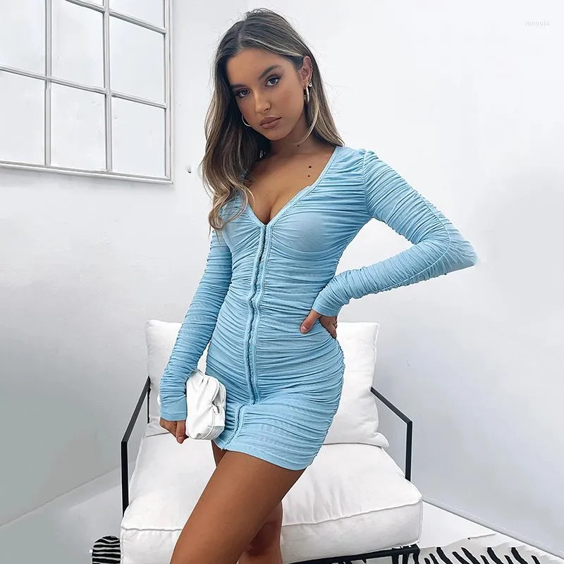 Casual Dresses Ruched Black Women's Shirt Dress Fashion Single-Breasted Mesh Long Sleeve V-hals Mini Bodycon Solid