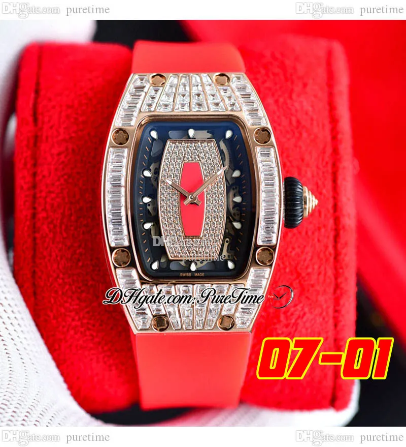 07-01 Baguette Diamonds Miyota Outomatic Ladies Watch Watches Rose Gold Paved Diamond Black Skeleton Dial Red Rubber Super Edition 6 Styles PureTime B2