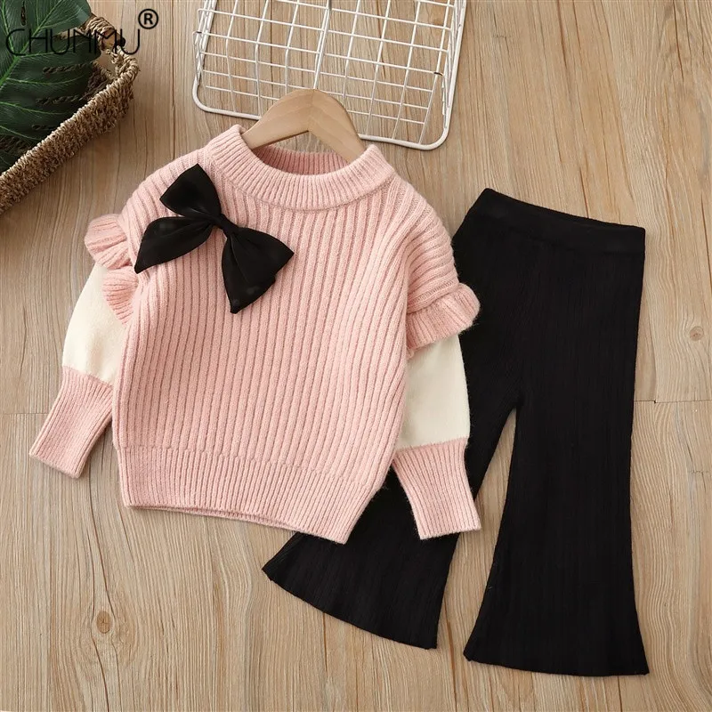 Clothing Sets Baby Girls Winter Clothes Warm Outfits Kids Flower Knit Sweater and Pants Autumn Girl Children Costume 221110