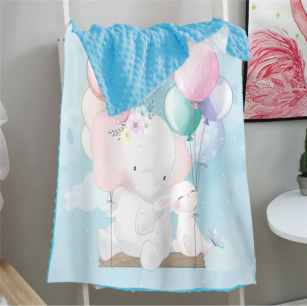 Fleece Throw Soft Plush Minky Baby Blanket Elephant Pattern Receiving Blankets for Boy Girl Toddlers Car Seat Cot 150x110cm - Blue