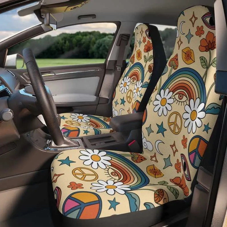 Housses de siège de voiture Rainbow Peace Love Hippie Retro Boho Housse de siège de voiture pour femme Ajustement universel Mignon coloré Floral Housse de siège avant pour T221110