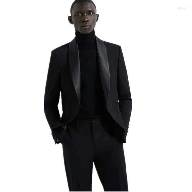 Costumes pour hommes Costume de mode Homme Noir Hommes Mariage Bal Homme Terno Masculino Slim Fit Tuxedo Groom Satin Châle Revers Mens Costume Blazer