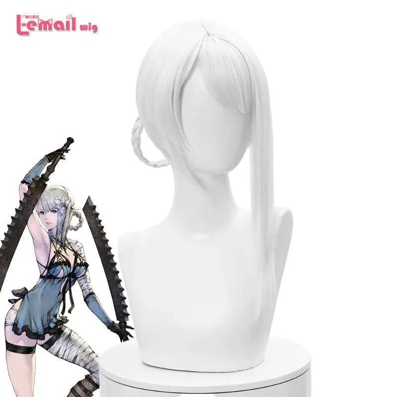 Cosplay Perukları L-email peruk NieR Kaine Cosplay Peruk NieR RepliCant Cosplay Şerit Beyaz Örgülü kahküllü peruk Sentetik Saç Isıya Dayanıklı T221104 T221104