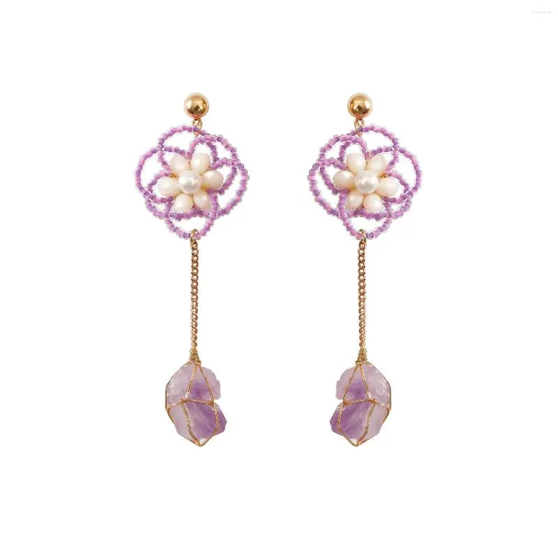 Dangle Earrings Vintage Ethnic Flower Earring For Women Bohemian Handmade Purple Crystal Drop Mother's Day Jewelry Gift Wholesal