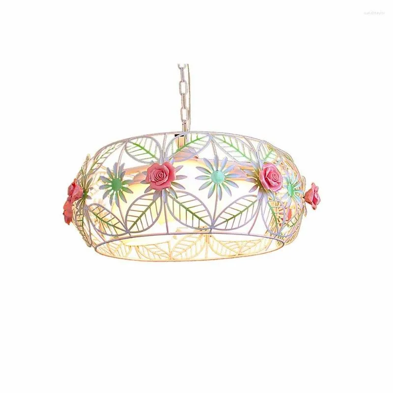 Pendant Lamps Country Rustic Dining Room Ceiling Lamp Metal Cage Pink Ceramic Rose Balcony Hang Bar Counter Bedroom Hanging Light