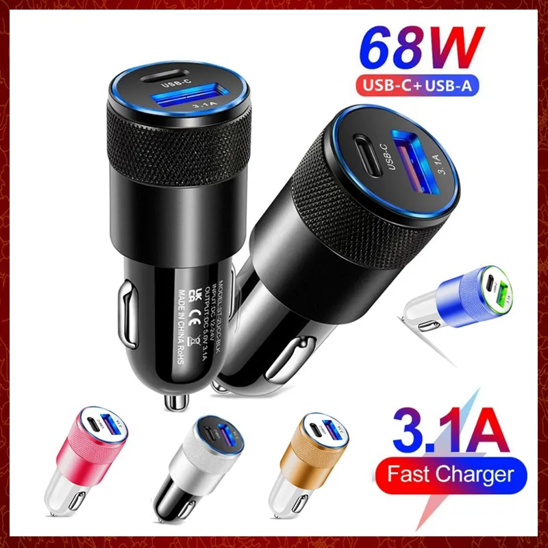 PD Car Charger 70W Car Phone Chargers USB Type C الشحن السريع في محول سيارة USB-C للهاتف المحمول Xiaomi Note 11 iPhone 13 12 QC 3.0 شحن إلكترونيات السيارات المجانية