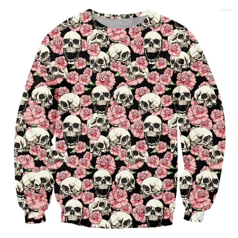 Heren Hoodies 3D Digitale printen Round Neck Pullover Heren dames lange mouw roze roze rose schedel print trui t-shirt voor paar aangepast