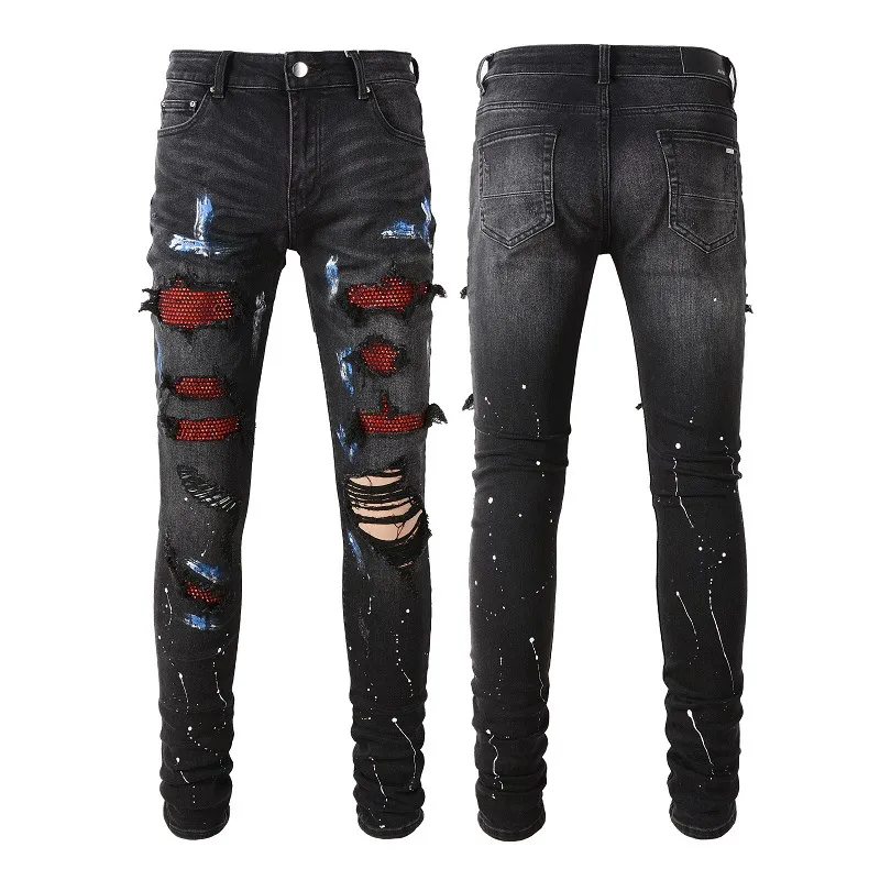 Crystal Trim Distressed Painted Denim Jeans Man Hommes Slim-Leg Fitted