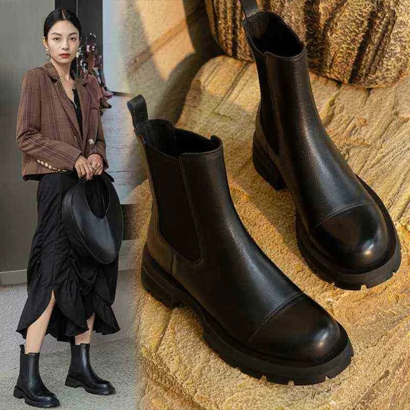 Boots Sales Fall/Winter Shoes Women Leather Ankle Round Toe Thick Heel Solid Chelsea Casual X220916 Y2211