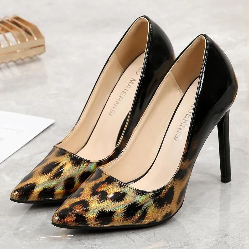 Dress Shoes Leopard Gradient Color High Heels Shoppin Work Patent Leather Women Size 47 Thin Pumps Ladies Red Yellow