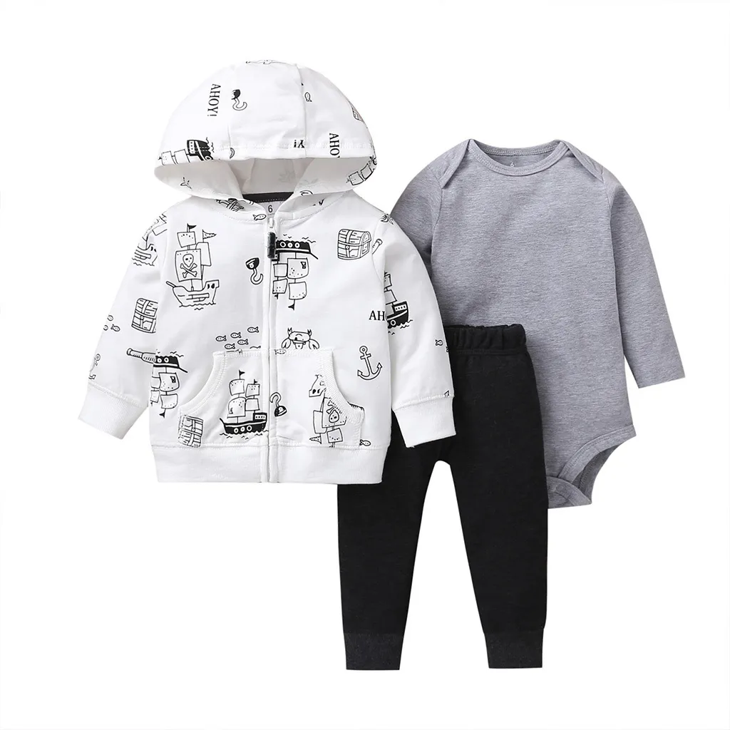 long sleeve hooded coat gray bodysuit pants black for baby boy outfit 2019 autumn clothes newborn set babies girl fashion print