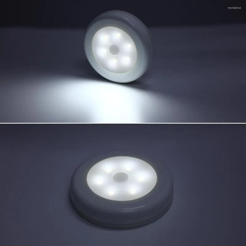 야간 조명 6 LED 모션 센서 라이트 라운드 LED 옷장 계단 램프 자석 안전한 복도 화장실 침실 부엌 캐비닛