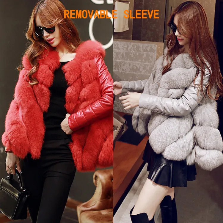 Women Coat thanksgiving gift Winter Imitation fox Faux Fox Fur Removable sleeve Jacket outdoor leisure fashion street pure color Medium and long coats SIZE S-3XL