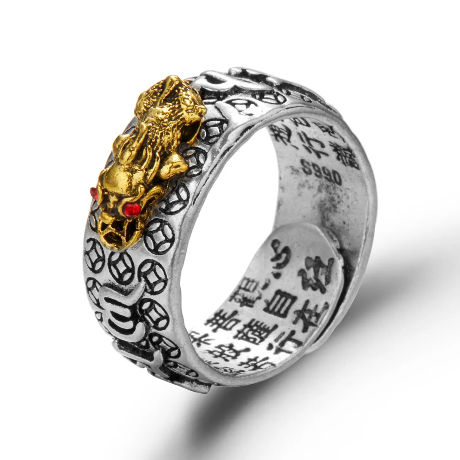 JUNTEN Feng Shui Pixiu Dragon Ring - 990 Sterling Silver, Adjustable, Wealth & Luck Mantra Design - View #11