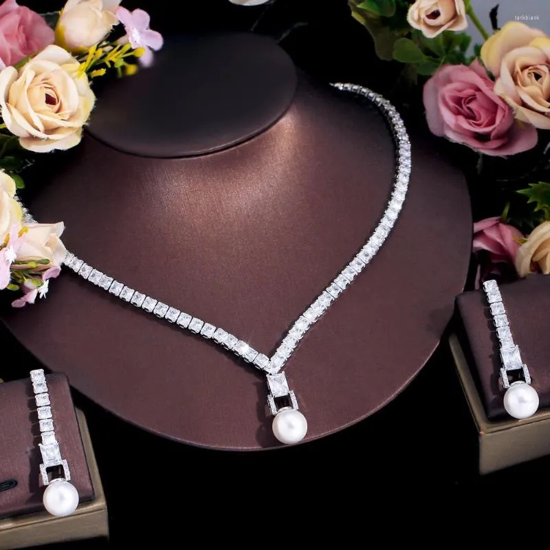 Necklace Earrings Set CWWZircons Shiny Cubic Zircon Bridal Wedding Pearl Evening Dinner Party Costume For Women T673