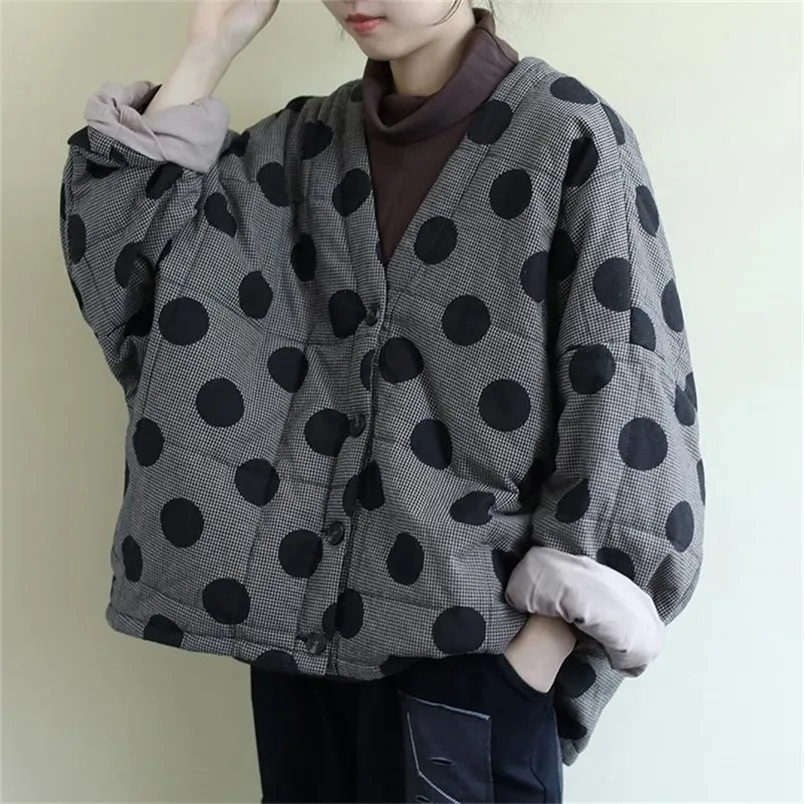 Women's Down Parkas Johnature Women Polka Dot V-Neck Bat Sleeve Warm Coats Autumn Button Loose Female Clothes Casual 221110