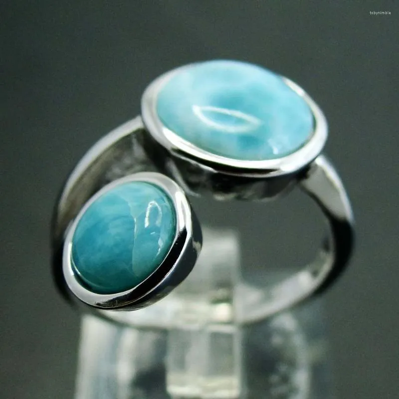 Klusterringar Natural Larimar Antika design Runda 925 Sterling Silver Jewelry Wedding Women Storlek 6/7/8/9/10