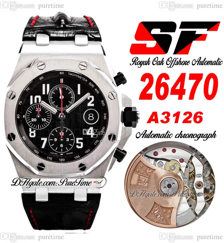 SF Vampire 2647 A3126 Automatisk kronograf Mens Watch 42mm Steel Case Black Textured Dial Number Markers Leather Strap Red Line Watches Super Edition Puretime G7