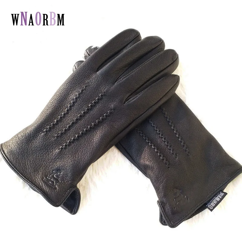 Fem fingrar handskar m￤n 100% f￥rskinnhandskar hjort hudm￶nster design varmt och mjuka l￤dermanten med plysch foder 221110
