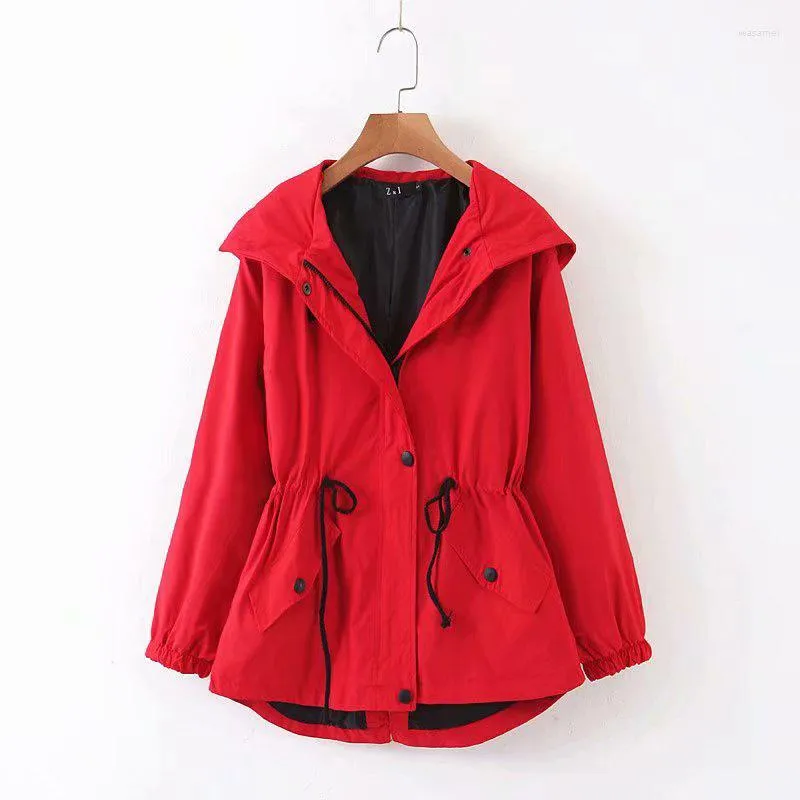 Women's Trench Coats XIKOM 2022 Women Autumn Casual Red Coat Vintage Drawstring Waist Hooded Windbreaker Female Streetwear Chic Outwear