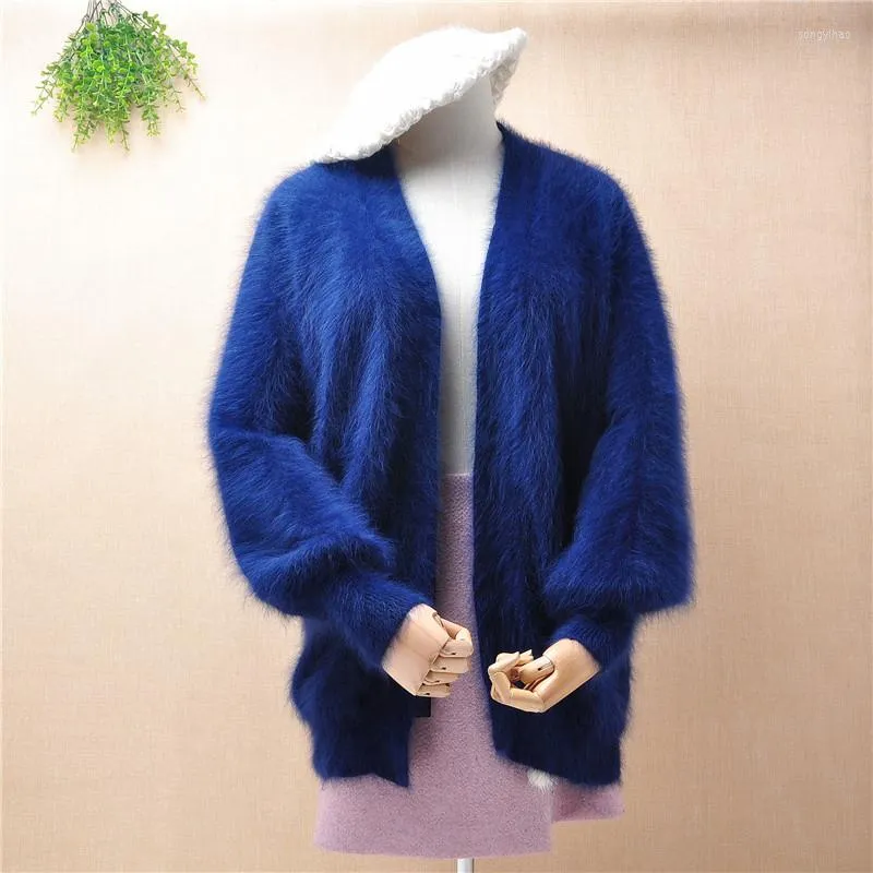 Kvinnors stickor eleganta mode damer kvinnor h￥rig mink kashmir l￥nga lykta ￤rmar l￶sa cardigans angora p￤lsjacka