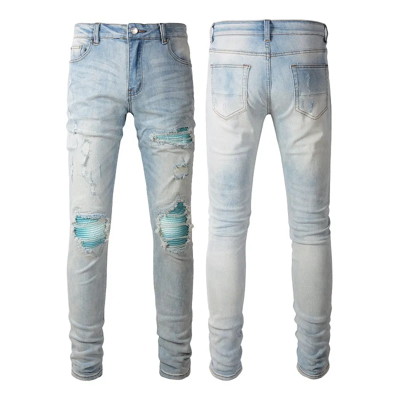 Fit Jeans Patch Denim Detail Biker Men Slim Motorcycle For Mens Vintage Distressed 07DZ