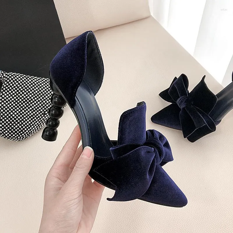 Sandals Navy Blue Brand Designer Women Shoes Pearl Strange High Heel Pointed Toe Velvet Bow 9 Cm Stiletto Party Pumps