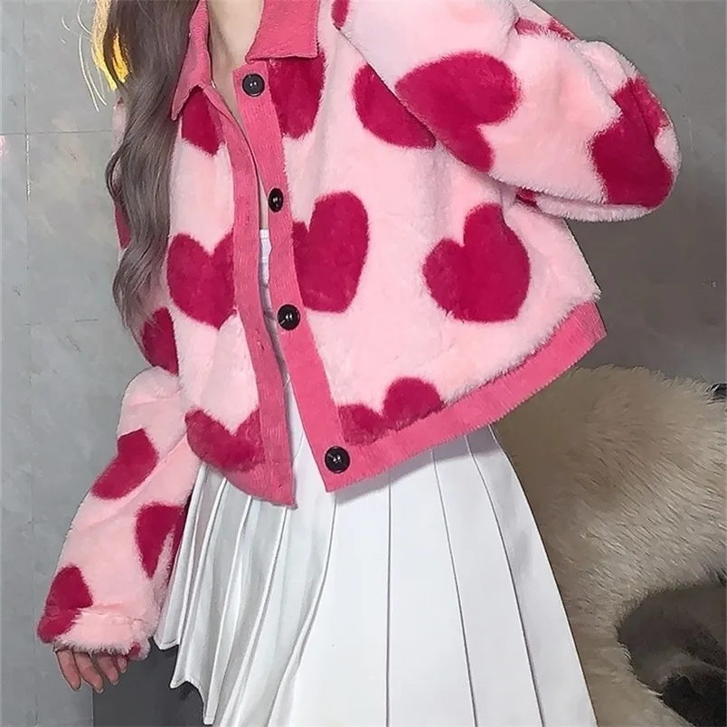 Misturas de lã feminina Sylcue rosa menina juventude bonito all-match amor contraste lã solta confortável e flexível curto top coat botão 221110