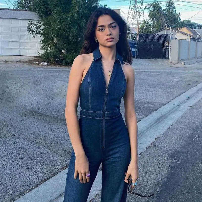 High Waisted Pistola Denim Romper With Zipper, V Neck, And Denim 