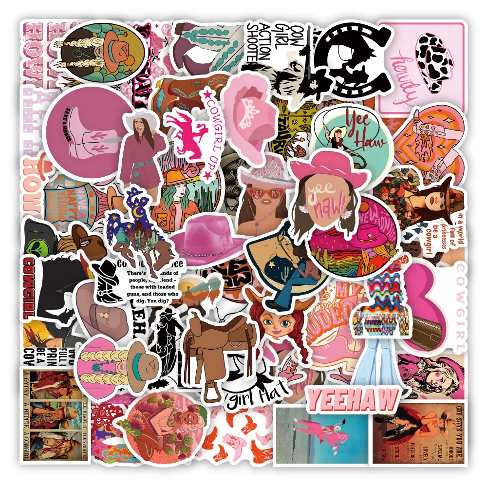 Förpackning med 50st Cowgirls Stickers No-Duplicate Waterproof Vinyl Sticker för bagage skateboard Notbok vattenflaskbildekaler