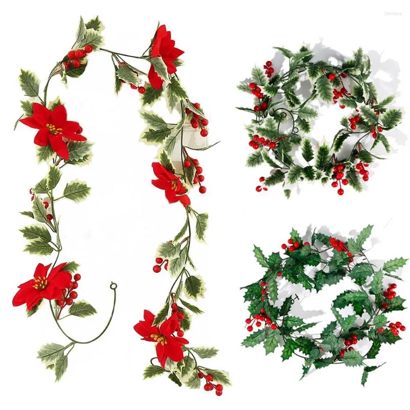 Flores decorativas 200 cm de azevinho artificial Feliz Natal Red Berries Vine Diy Natal Treça Garland Ornamento pendurado para casa
