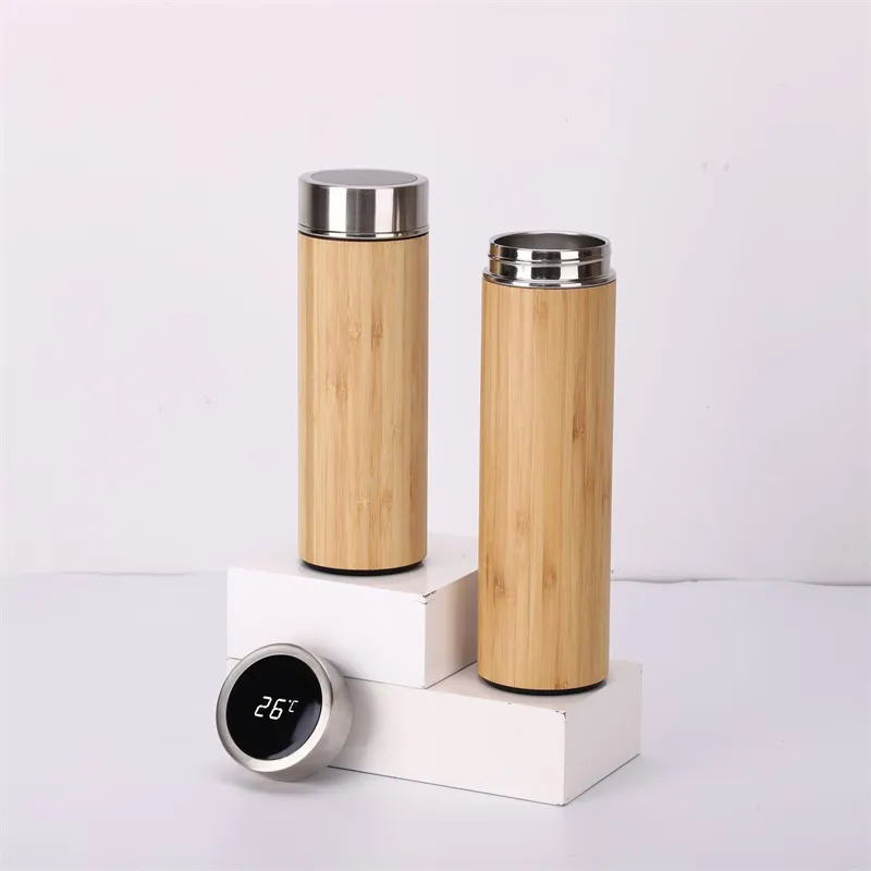 450 ml 500 ml roestvrijstalen water flessen temperatuurdisplay bamboo cup geïsoleerde vacuüm koffiemok met deksel