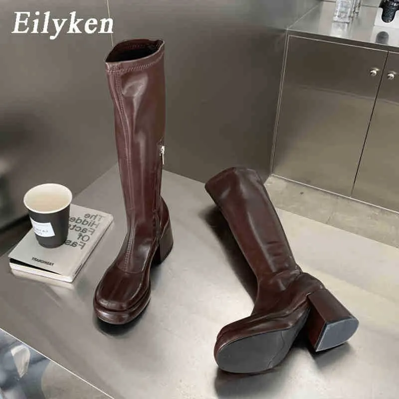 Boots Eilyken Platform Knee High Women Boots 2023 Spring Thick Heels Square Toe Punk Boots Autumn Winter Zipper Ladies Shoes Designer 220913