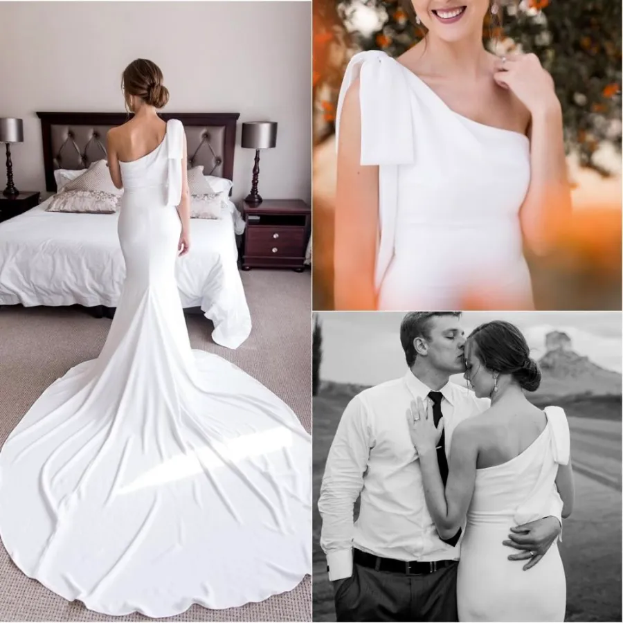 Свадебные платья белой русалки на одно плечо в длинной поезде Big Bow Beach Bridal Howns Ropes de Mariee vestidos de novia