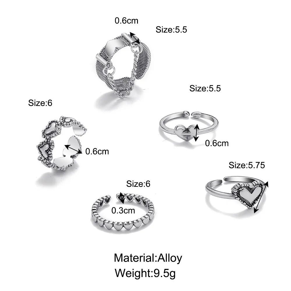 Punk Love Heart Ring Conjunto Personalidade Temperamento Zircão Silver Color Rings geométricos para mulheres jóias góticas de moda