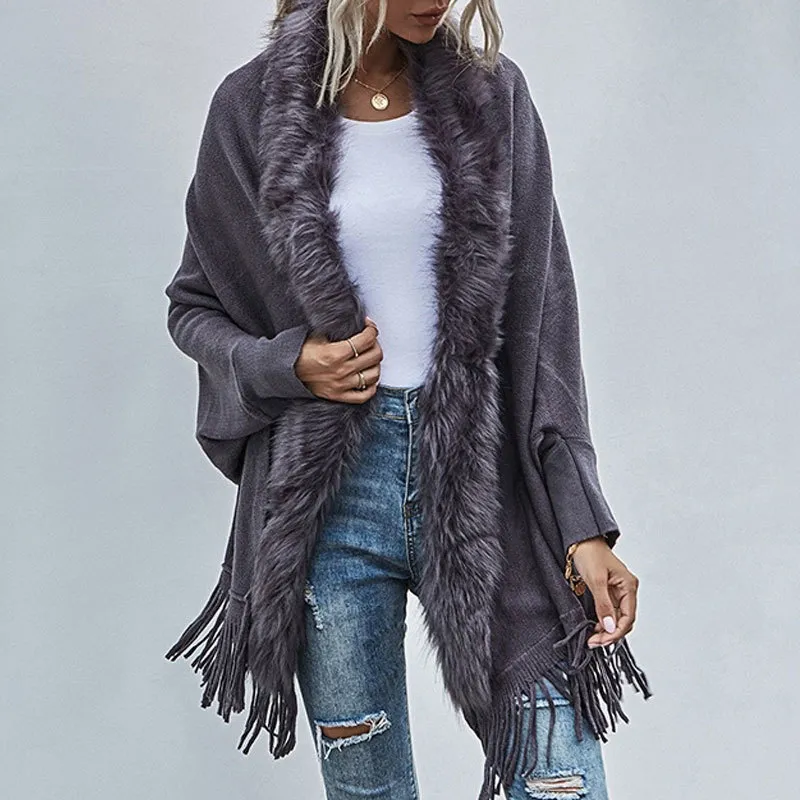 Shawls Fur Collar Winter and Wraps Bohemian Fringe Oversized Womens Ponchos Capes Batwing Sleeve Cardigan Cape Dress 221110
