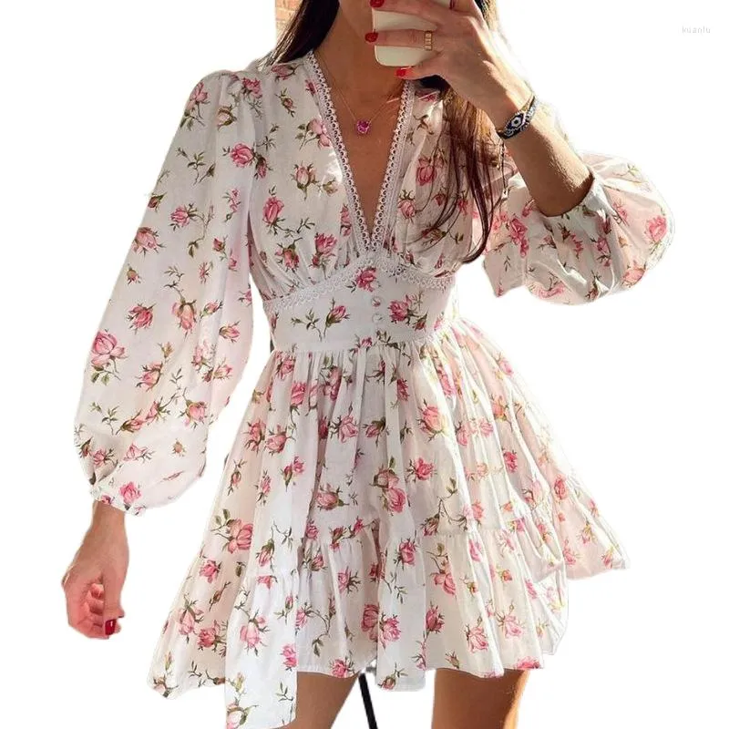 Robes Décontractées Chic Femmes Dentelle Garniture Col En V Manches Longues Mini Boho Vintage Imprimé Floral Volants Robe Y2K Fairycore Rétro Romance Française