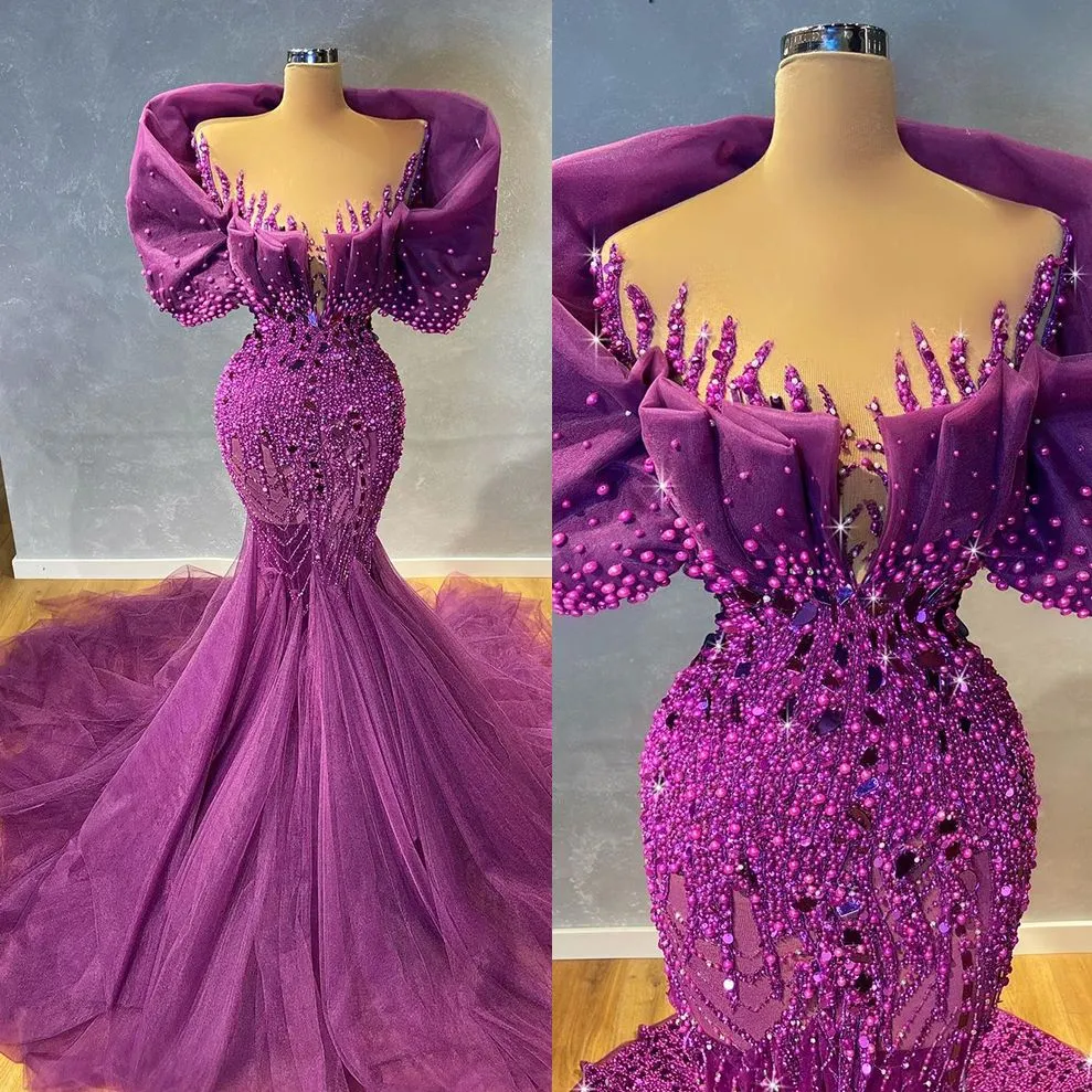 Gracieful Purple Mermaid aftonklänningar V Neck Pearls Prom Dress Elegant Lace Beading Tulle formella festklänningar