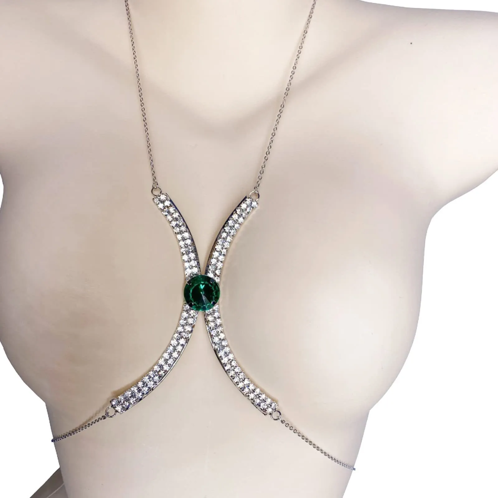 Silver Necklace with Big Rhinestones on Neck and Breast of Girl