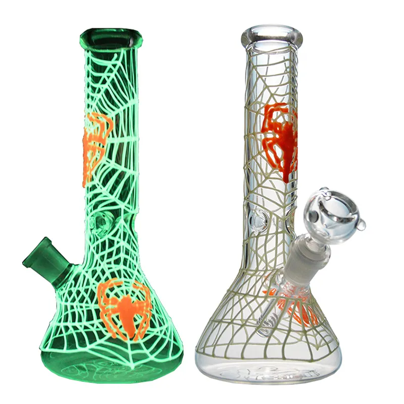 Unikalny blask w ciemnym Bong Spider Web Beaker Bongs grube Pyrex UV Glass Water Rures 18 mm złącza Rigę DAB DAB Downstem Bowl