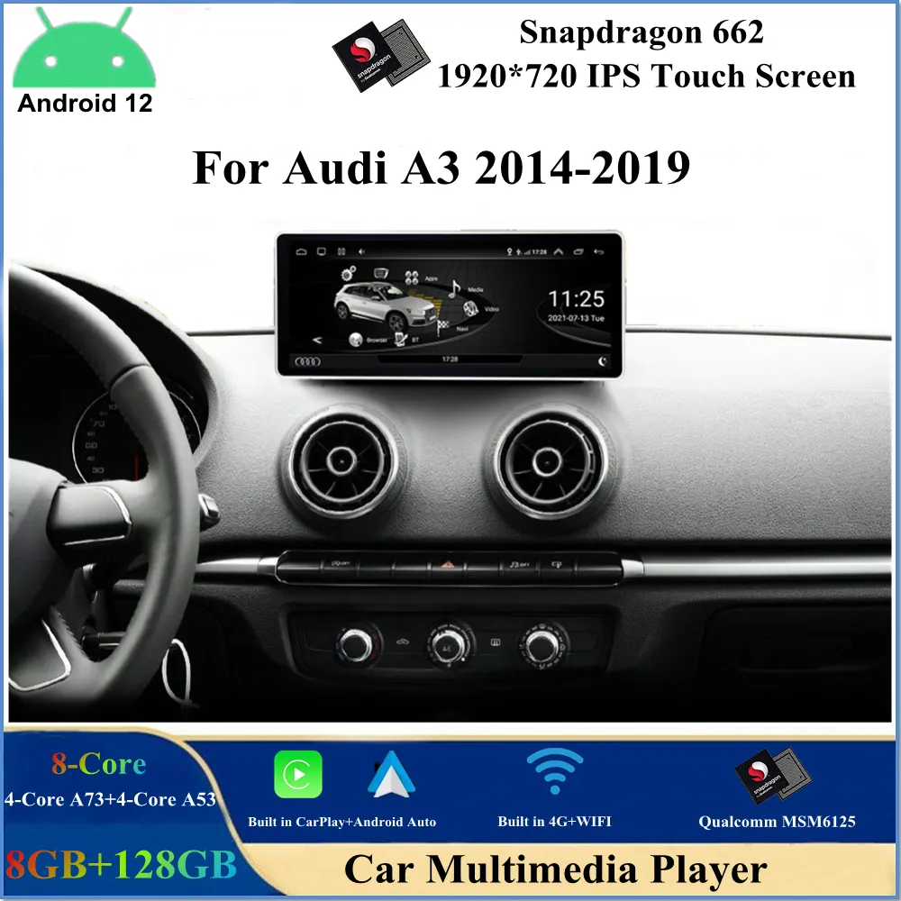 10.25 "Android 12 lecteur DVD de voiture multimédia stéréo 8GB RAM128GB ROM pour Audi A3 2014-2019 moniteur de navigation GPS automatique Carplay Bluetooth WiFi