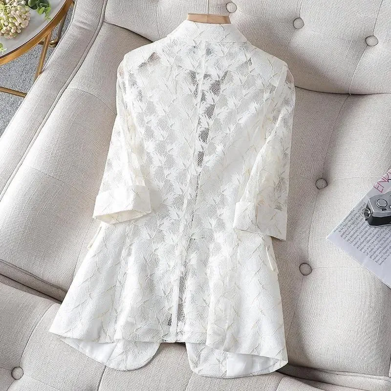 Women's Trench Coats White Lace Suit Jacket Women's Thin 2022 Fat MM Summer Sunscreen Clothing Western-Style High-End Blazer Female Blue