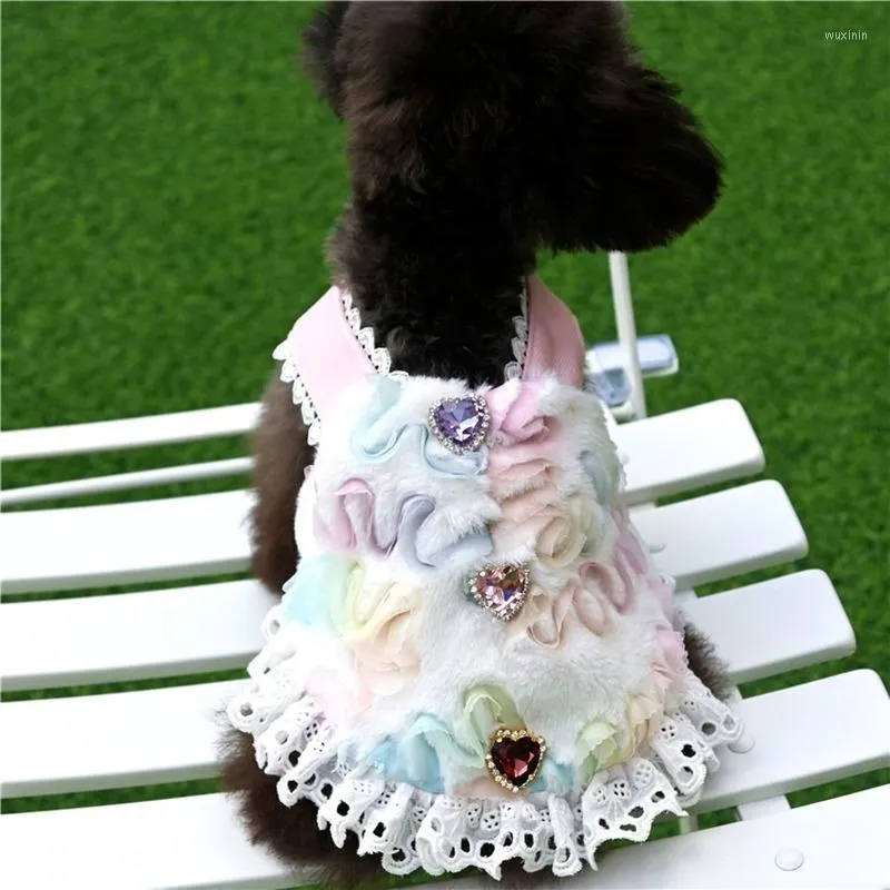 Abbigliamento per cani Abito da principessa per animali domestici Autunno inverno caldo gilet di peluche Decorazione di gioielli Abiti firmati di lusso Cappotto per piccoli gatti Maglione chihuahua