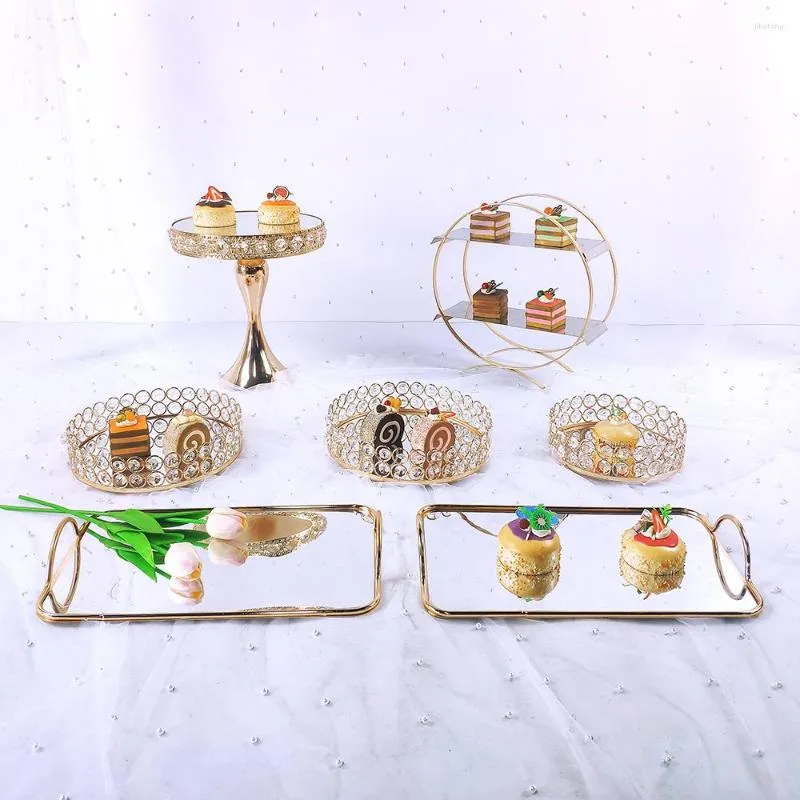 Bakeware Tools 6-8pcs Crystal Cake Stand Set Specchio in metallo Decorazioni per cupcake Piedistallo per dessert Vassoio per esposizione per feste di nozze