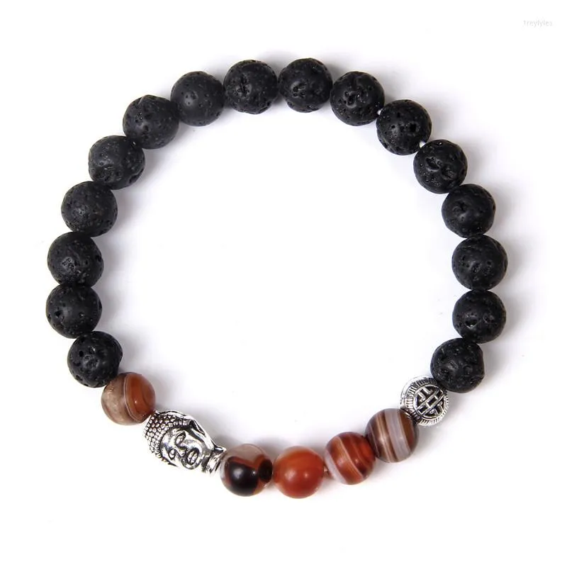 Braccialetto di perline in filo per uomo Pietra vulcanica naturale Perlina Buddha tibetano Chakra Diffusore di lava Bracciali Gioielli di moda